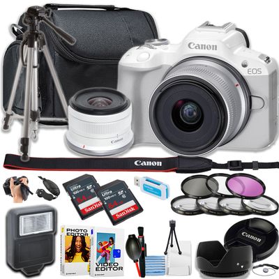 Canon EOS R50 Mirrorless Camera with 18-45mm Lens + 128GB Memory, Filters, Case, Tripod, Flash, Software, and More (18pc Bundle) (White) (Renewed)