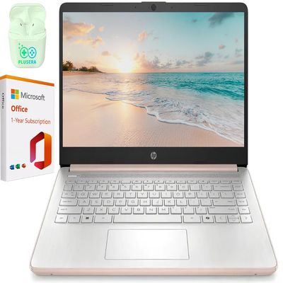 HP 14" LED Business Laptop Computer, 16GB RAM 640GB Storage (128GB UFS + 512GB SD Card), Intel Quad-Core N150, Windows 11 S & 1-Year Microsoft Office 365 Included, PLUSERA Earphones, Rose Gold