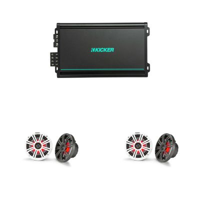 Kicker (2 Pair) 45KM654L 6.5" RGB LED Marine Speakers with 48KMA6004 4 Ch. Marine Amp Bundle