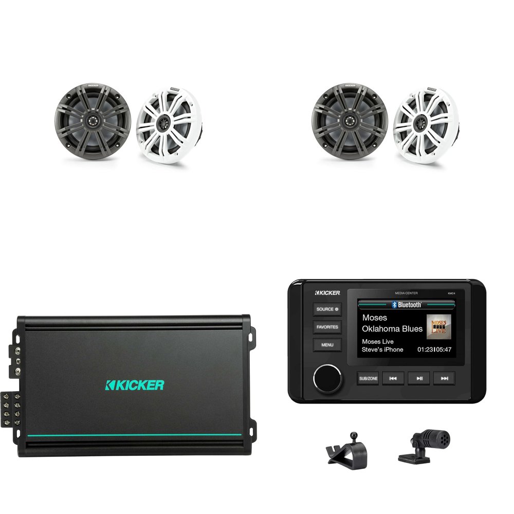 KICKER 51KMC4 Marine Source Unit & (2 Pair) 45KM654 6.5" Marine Speakers with 48KMA6004 4 Ch. Marine Amp Bundle