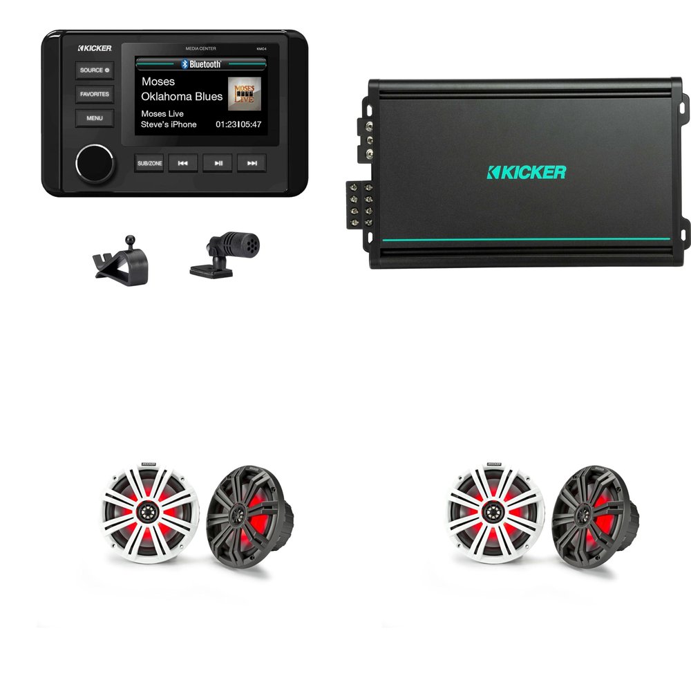 KICKER 51KMC4 Marine Source Unit & (2 Pair) 45KM84L 8" RGB LED Marine Speakers with 48KMA6004 4 Ch. Marine Amp Bundle