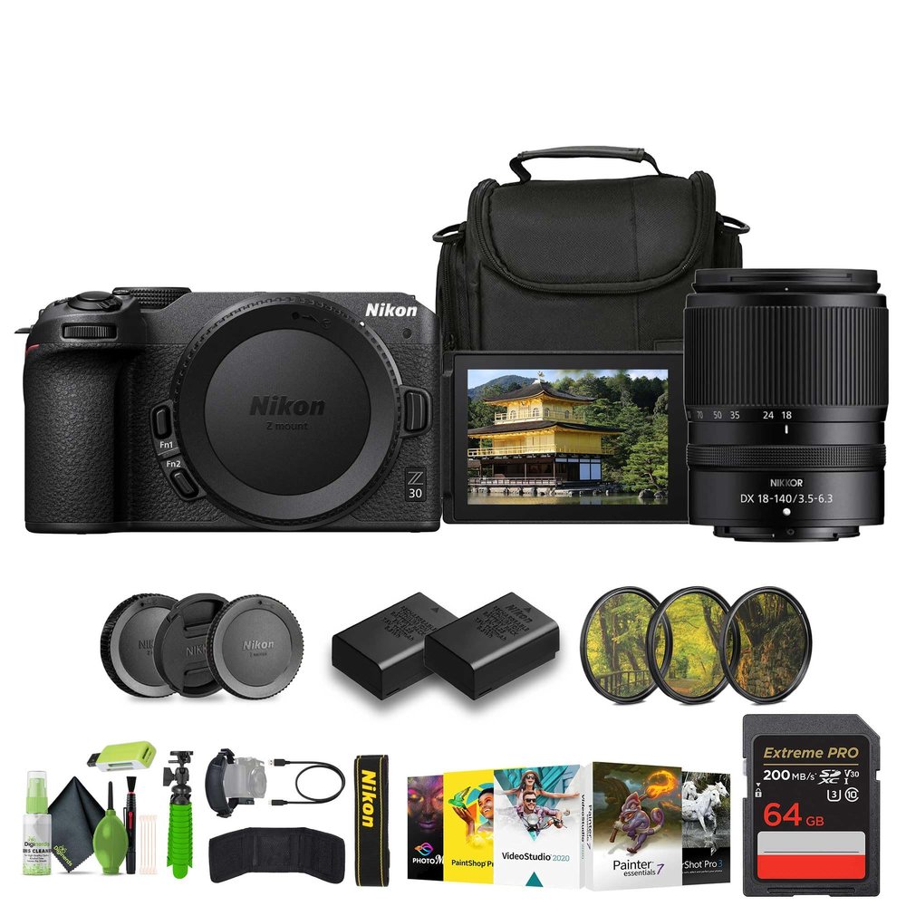 Nikon Z30 Mirrorless Camera with NIKKOR Z DX 18-140mm f/3.5-6.3 VR Lens+ ENEL25 Replacement + Soft Case + Memory Card Wallet + 64GB Card + 12 Inch Tripod + Photo Software + More