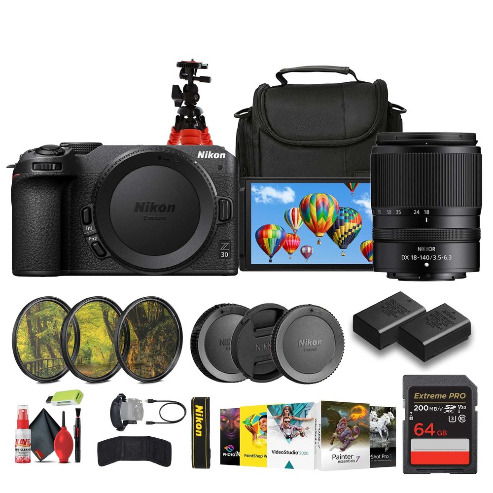 Nikon Z30 Lightweight Mirrorless Camera with NIKKOR Z DX 18-140mm f/3.5-6.3 VR Lens+ ENEL25 Replacement + Soft Case + Memory Card Wallet + 64GB Card + Tripod + Photo Software + More