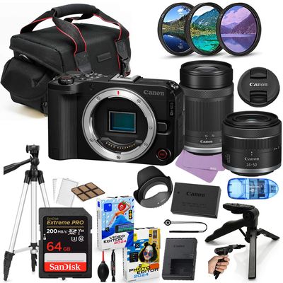 Canon EOS R50 V Mirrorless Camera with 24-50mm & 55-210mm Lens Bundle + Accessory Package Including 64GB Extreme Memory, Case, Filters, Photo-Video Software & More (27 Pieces) (Renewed)