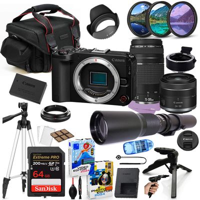 Canon EOS R50 V Mirrorless Camera with 24-50mm & 75-300mm Lens Bundle + Accessory Package Including 500mm Telephoto, 64GB Extreme Memory, Filters, Photo-Video Software & More (30 Pieces) (Renewed)