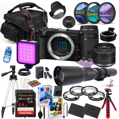 Canon EOS R50 V Mirrorless Camera with 24-50mm & 75-300mm Lens Bundle + Premium Accessory Package Including 500mm Telephoto, 64GB Memory, LED Light, Photo-Video Software & More (38 Pieces) (Renewed)
