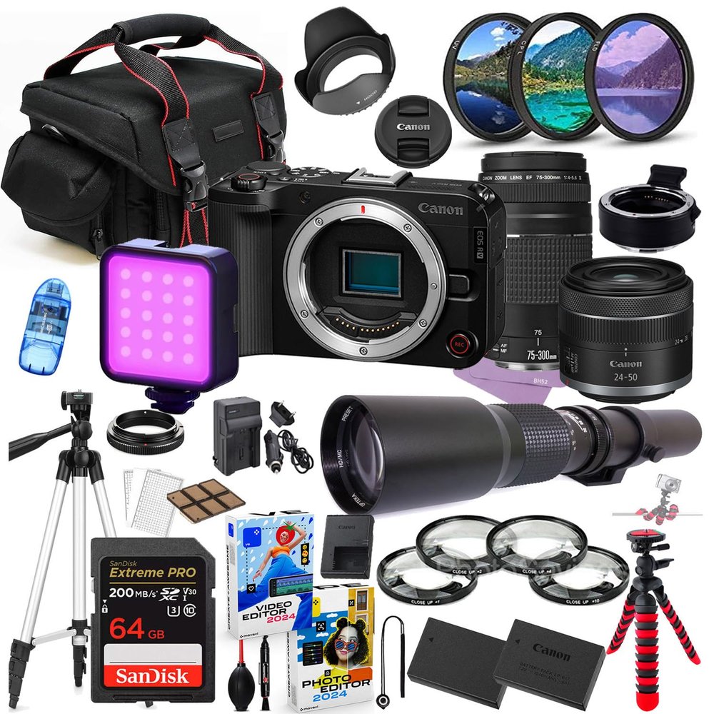 Canon EOS R50 V Mirrorless Camera with 24-50mm & 75-300mm Lens Bundle + Premium Accessory Package Including 500mm Telephoto, 64GB Memory, LED Light, Photo-Video Software & More (38 Pieces) (Renewed)