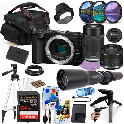 Canon EOS R50 V Mirrorless Camera with 24-50mm & 55-210mm Lens Bundle + Accessory Package Including 500mm Telephoto, 64GB Extreme Memory, Filters, Photo-Video Software & More (29 Pieces) (Renewed)