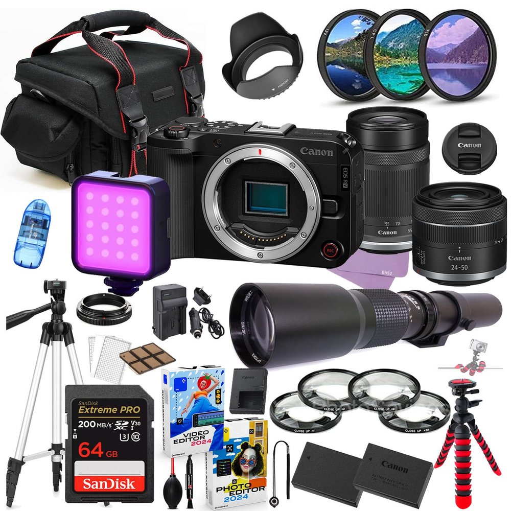 Canon EOS R50 V Mirrorless Camera with 24-50mm & 55-210mm Lens Bundle + Premium Accessory Package Including 500mm Telephoto, 64GB Memory, LED Light, Photo-Video Software & More (37 Pieces) (Renewed)