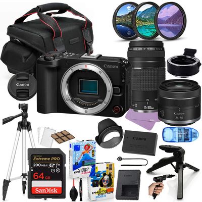 Canon EOS R50 V Mirrorless Camera with 24-50mm & 75-300mm Lens Bundle + Accessory Package Including 64GB Extreme Memory, Case, Filters, Photo-Video Software & More (28 Pieces) (Renewed)