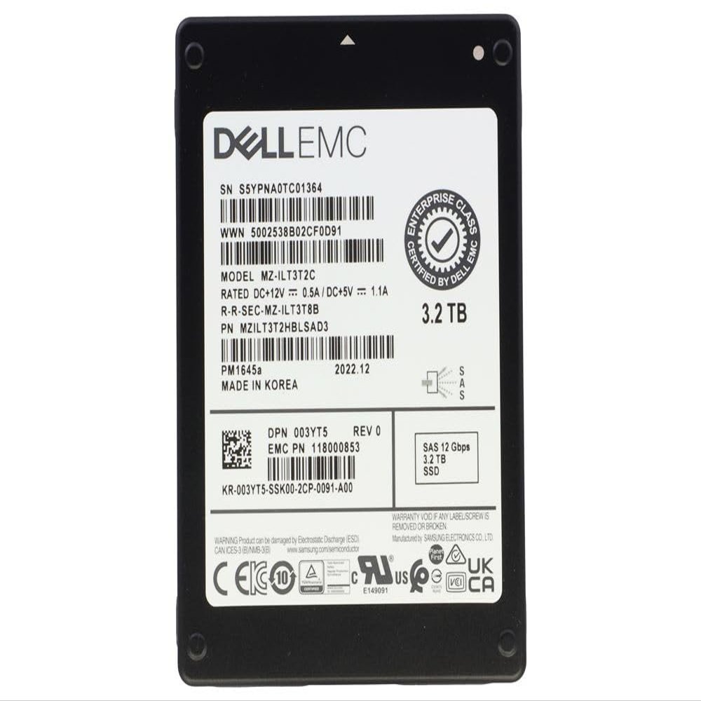03YT5 3.2TB SAS 12Gbps MU 3-DWPD 2.5" SFF SSD PM1645a MZILT3T2HBLSAD3 Compatible with Dell PowerEdge