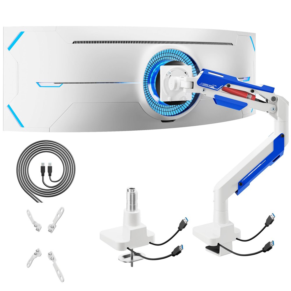 ARES WING Heavy Duty Ultrawide Monitor Arm - Gas Spring Aluminum Monitor Mount with USB for 24"-57" Curved Screens up to 66 lbs with Clamp/Grommet Desk Mount, 75/100/200 Vesa Mount, White