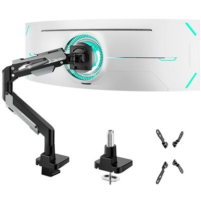 ARES WING Heavy Duty Single Monitor Arm - Gas Spring Aluminum Monitor Mount for 24"-57" Ultrawide Screens up to 66 lbs with Clamp/Grommet Desk Mount, 75/100/200 Vesa Mount, Black