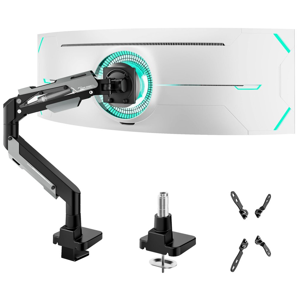 ARES WING Heavy Duty Single Monitor Arm - Gas Spring Aluminum Monitor Mount for 24"-57" Ultrawide Screens up to 66 lbs with Clamp/Grommet Desk Mount, 75/100/200 Vesa Mount, Black