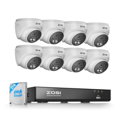 ZOSI C220 4K 8MP 8CH POE NVR Security Camera System (16CH Expandable), 8 x 8MP PoE IP Dome Cameras Outdoor Indoor, AI Human/Vehicle/Face Detection, One-Way Audio, 100ft IR Night Vision, 2TB HDD