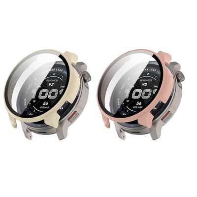2 Pack Hard Case for Amazfit Balance 2, Hard PC Protective Case Shockproof Anti-Scratch Bumper Cover with Tempered Glass (Beige/Pink)