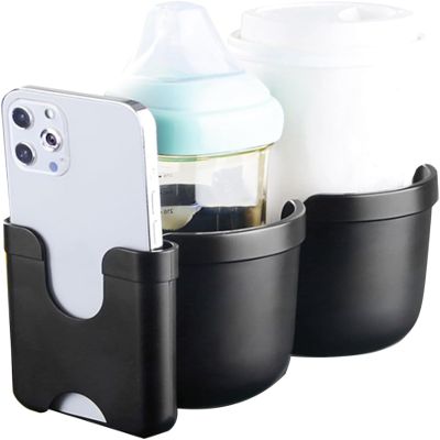 Drink Beverage Holder with Cellphone Holder for Wheelchair Walker Pushchair Double Cup Holder Bottle Organiser Pram Cup Holder Pushchair Double Cup Holder Rotation Drink Beverage Holder