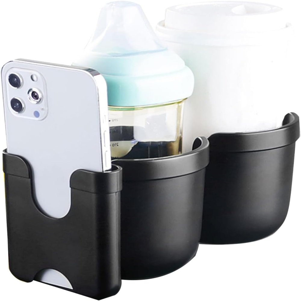 Drink Beverage Holder with Cellphone Holder for Wheelchair Walker Pushchair Double Cup Holder Bottle Organiser Pram Cup Holder Pushchair Double Cup Holder Rotation Drink Beverage Holder