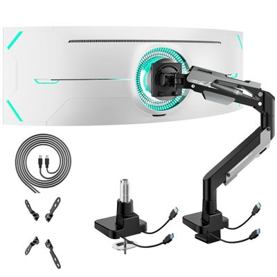 ARES WING Heavy Duty Ultrawide Monitor Arm - Gas Spring Aluminum Monitor Mount with USB for 24"-57" Curved Screens up to 66 lbs with Clamp/Grommet Desk Mount, 75/100/200 Vesa Mount, Black