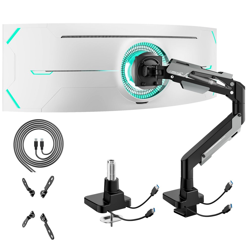 ARES WING Heavy Duty Ultrawide Monitor Arm - Gas Spring Aluminum Monitor Mount with USB for 24"-57" Curved Screens up to 66 lbs with Clamp/Grommet Desk Mount, 75/100/200 Vesa Mount, Black