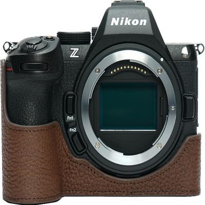 Z5 II Camera Case, BMAOLLONGB Handmade Genuine Real Leather Half Camera Case Bag Cover for Nikon Z5 II Z5II Camera Bottom Opening Version + Hand Strap (Coffee)