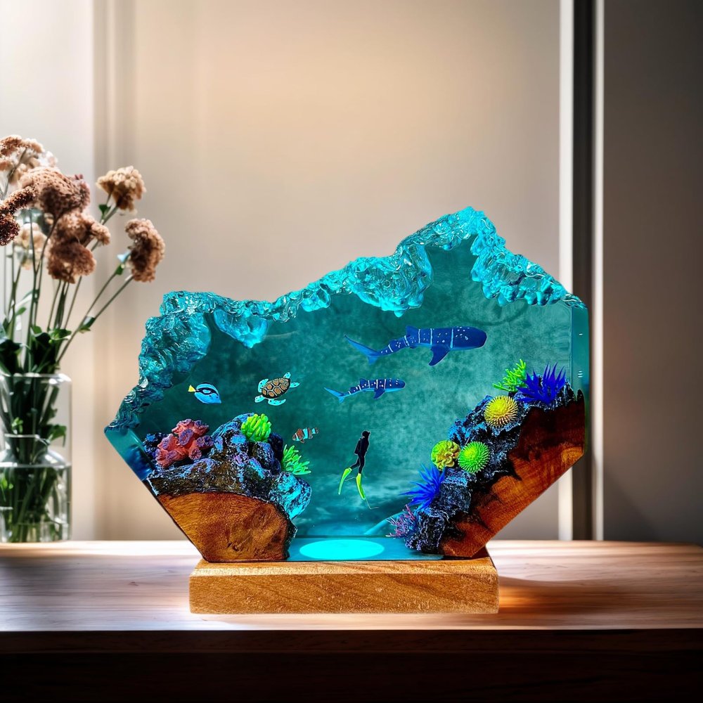 VISIOLEX Handmade 3D Resin lamp - Ocean Resin Night lamp, Adjustable lamp, Men's Office Decoration, Unique Gift for Mother's and Father's Birthday (Model B, 6 * 4in)