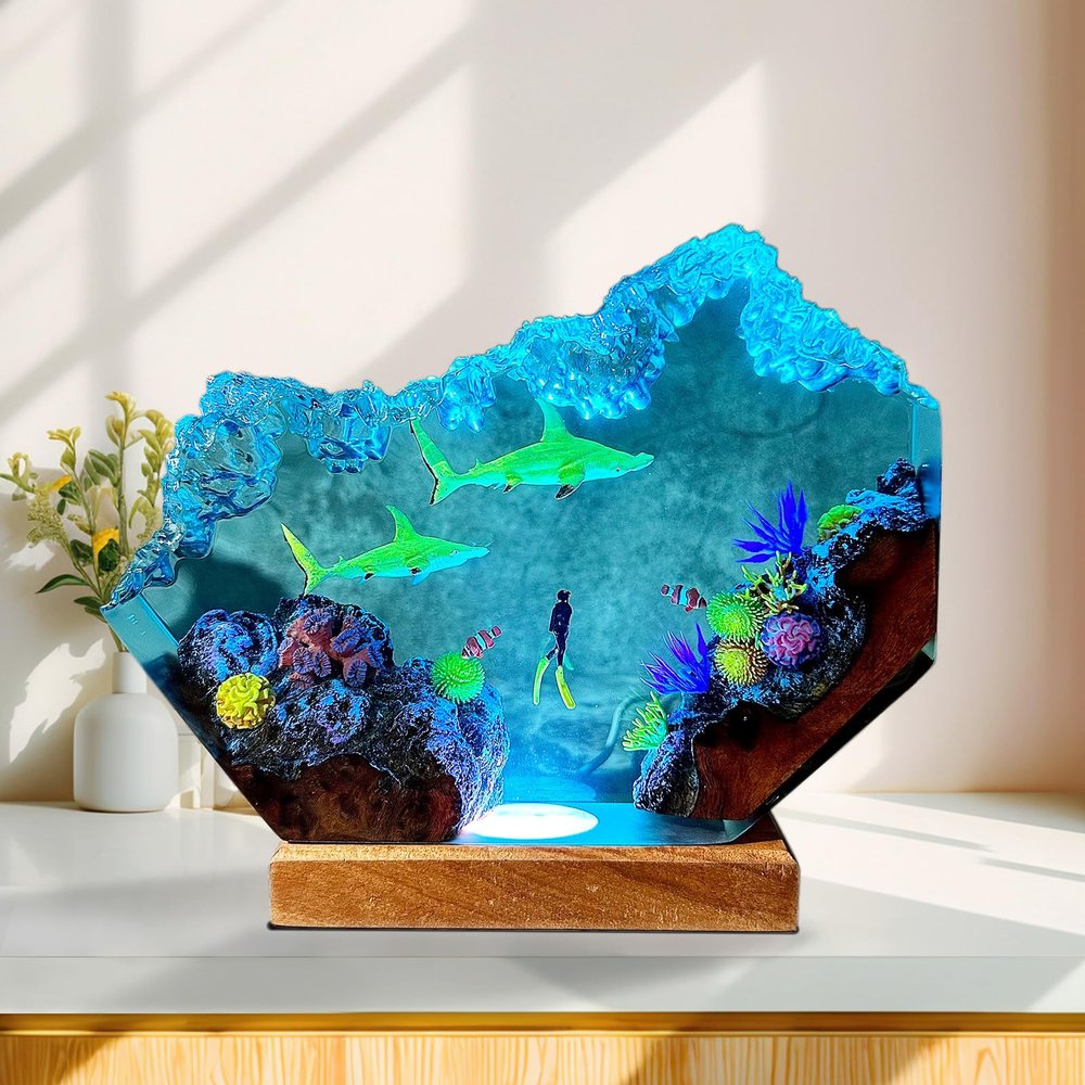 VISIOLEX Handmade 3D Resin lamp - Ocean Resin Night lamp, Adjustable lamp, Men's Office Decoration, Unique Gift for Mother's and Father's Birthday (Model A, 6 * 4in)