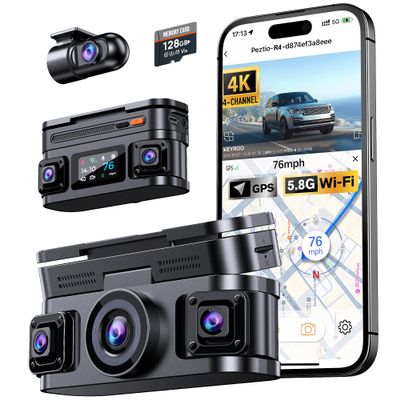 KEYROO 360 View 4K 4 Channel Dash Cam Front and Rear Inside Left Right, Built-in GPS, 5.8GHz WiFi, Car Dash Camera for Cars with App Connect, Support Parking Mode, G-Sensor, Free 128GB Card