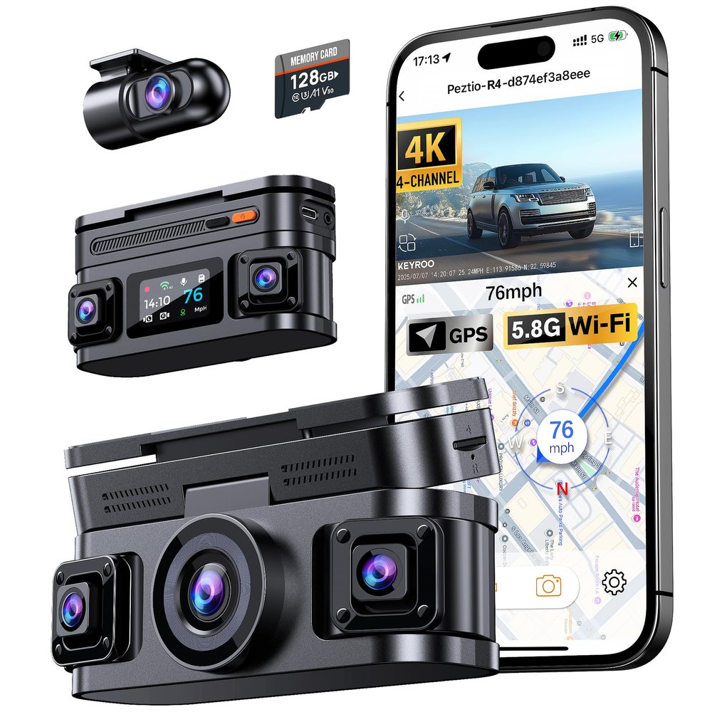 KEYROO 360 View 4K 4 Channel Dash Cam Front and Rear Inside Left Right, Built-in GPS, 5.8GHz WiFi, Car Dash Camera for Cars with App Connect, Support Parking Mode, G-Sensor, Free 128GB Card