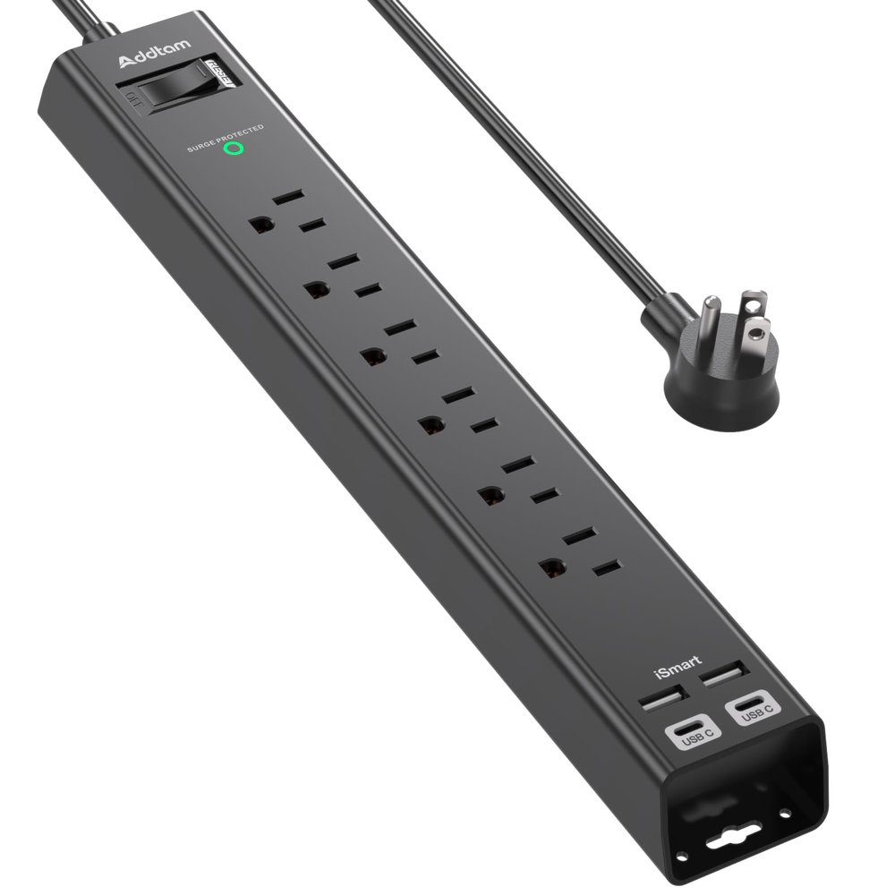 6Ft Extension Cord - Addtam Power Strip Surge Protector with 6 AC Outlets and 4 USB (2 USB-C) Ports, 1875W/15A, Wall Mount, Multi Plug Outlet Extender for Home Office College Dorm Room Essentials