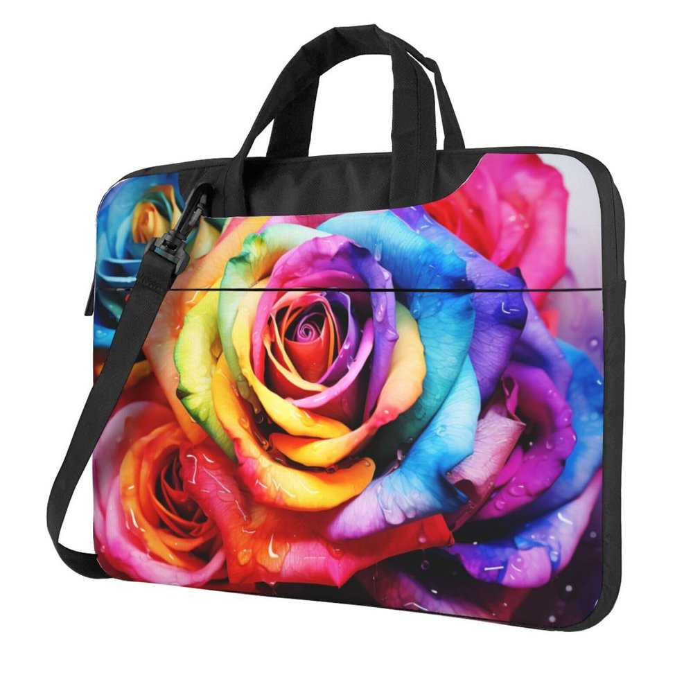13 Inch Laptop Shoulder Bag For Men Women,Waterproof Briefcase Messenger Bag Watercolor Rainbow Rose Laptop Sleeve Bag W/Strap Handle