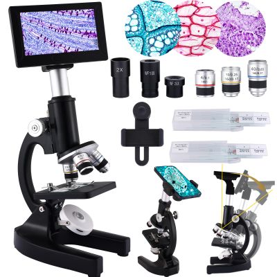 Herwicm Microscope 40X-2500X Magnification, HD Wide Angle Eyepieces, 4-inch High-Pixel Display with LED Fill Light 3, Cell Phone Observable, for Home School Labs (Black)
