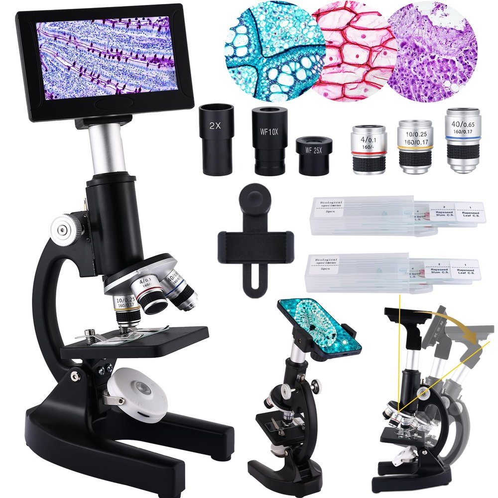Herwicm Microscope 40X-2500X Magnification, HD Wide Angle Eyepieces, 4-inch High-Pixel Display with LED Fill Light 3, Cell Phone Observable, for Home School Labs (Black)