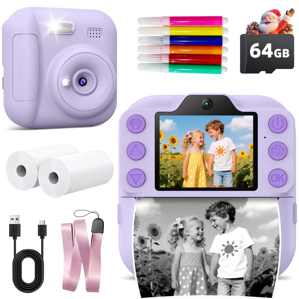 Kids Camera Instant Print Coxlame, Portable Digital Camera 64GB SD Card, Kid Toy for Ages 3-12 Girl Xmas Gift for 3 4 5 6 7 8 9 10 Year Old (Purple)