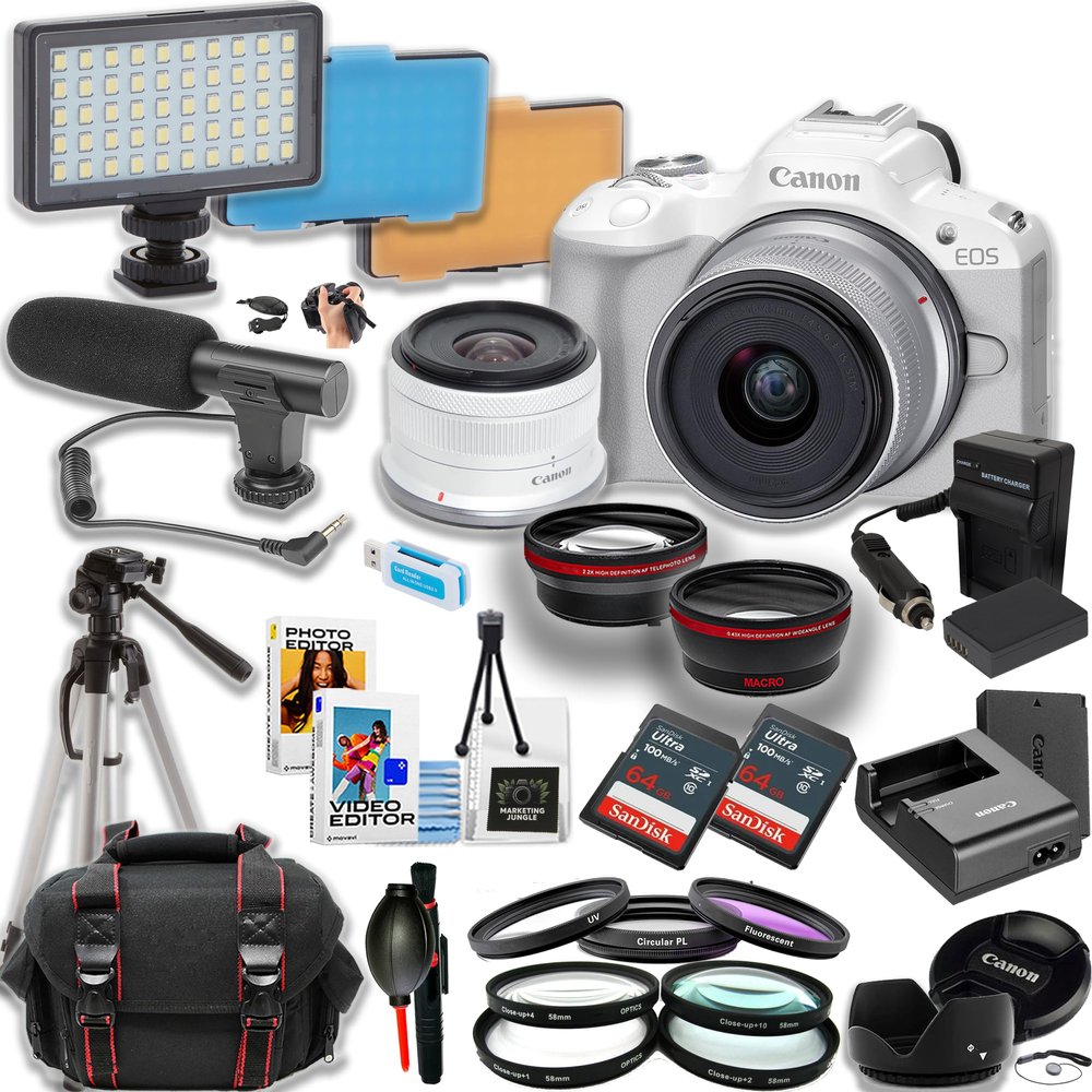 Canon EOS R50 Mirrorless Camera w/18-45mm Lens + 2pc 64GB Ultra Memory Card + Directional Mic + Tripod + Camera Case + More (24pc Bundle) (Renewed)