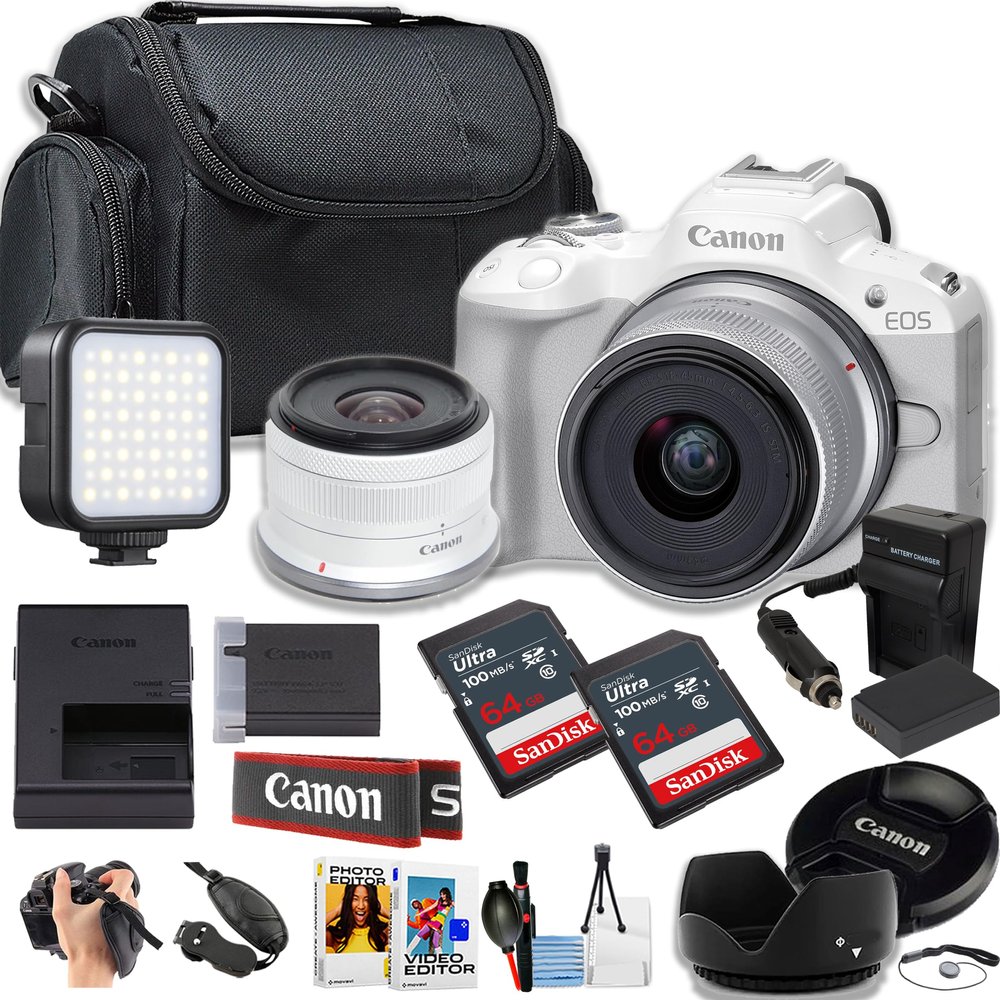 Canon EOS R50 Mirrorless Camera w/18-45mm Lens + 2pc 64GB Ultra Memory Card + LED Light + Camera Case + More (18pc Bundle) (Renewed)