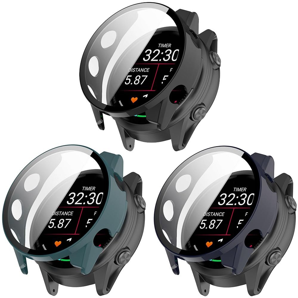 3 Pack Hard Case with Screen Protector for Garmin Forerunner 970, Hard PC Protective Case Shockproof Anti-Scratch Bumper Cover with Tempered Glass (Black/Dark Blue/Green)