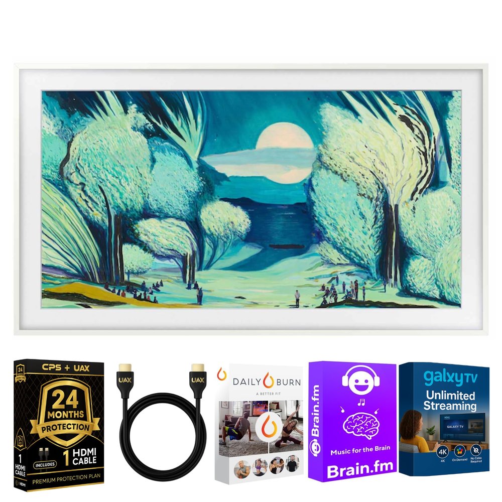 Samsung 55-Inch Modern White The Frame LS03D QLED 4K Smart TV Bundle, Quantum HDR, Art Mode, Slim Fit Wall Mount, Alexa Built-in w/Bezel, AUX HDMI Cable, CPS 24-Month Protection, Streaming Bundle