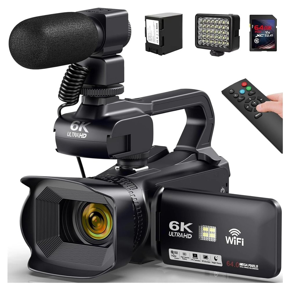 YPMart() 6K Ultra HD Professional Video Cameras for Photography 18X Digital Zoom Live Streaming Camcorders 64MP Vlogging Recorder(with Light mic)