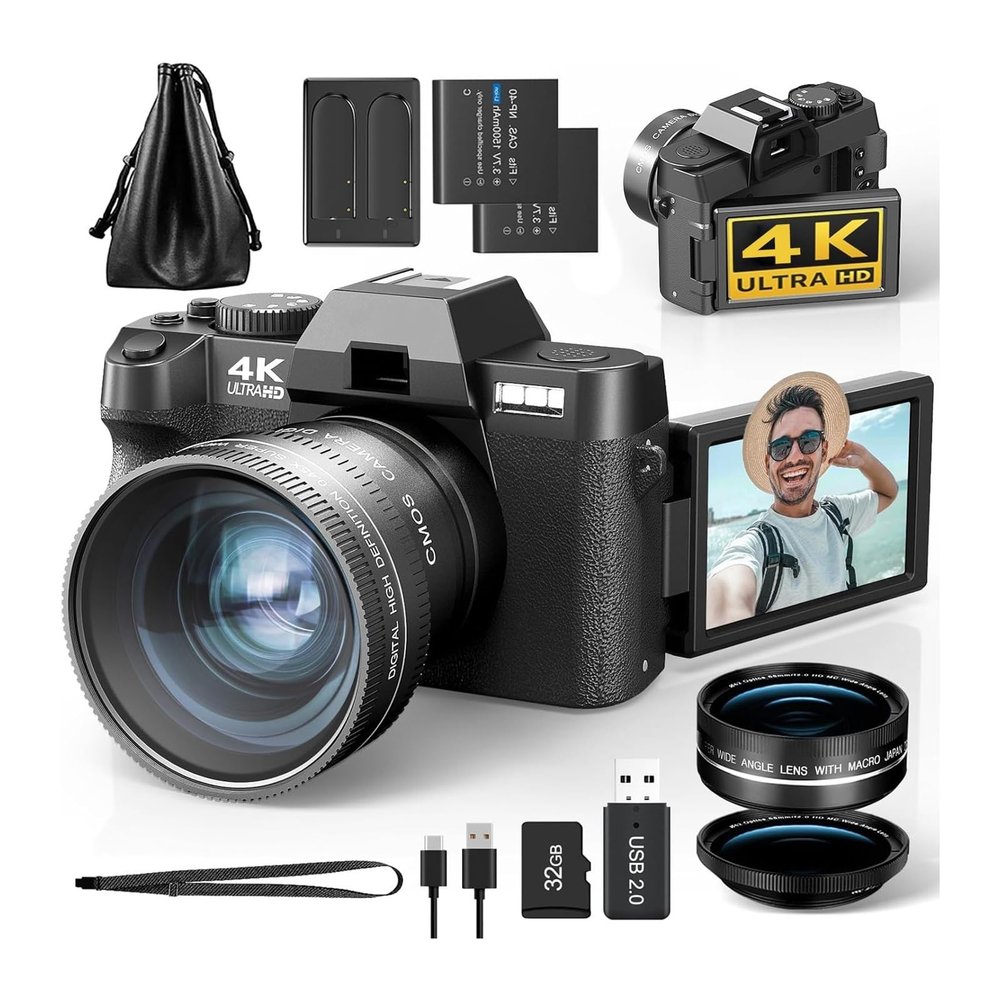 YPMart() Macro Lens 4K Digital Camera Flip Screen Selfie Camcorder 48MP Vlog WiFi Webcam Video Recorder 16X Zoom