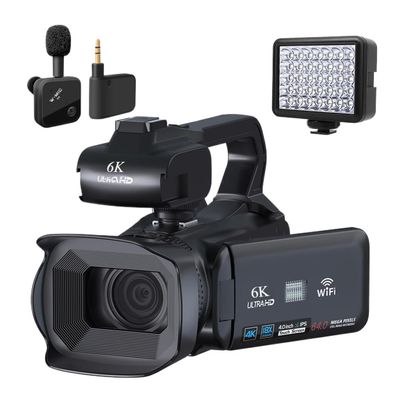 YPMart() Full 6K UHD 60FPS Vintage Camcorder for Live Streaming Vlog 18X 64MP Video Camera AF Digital Recorder 4" Rotate Screen(Wireless MIC Light)