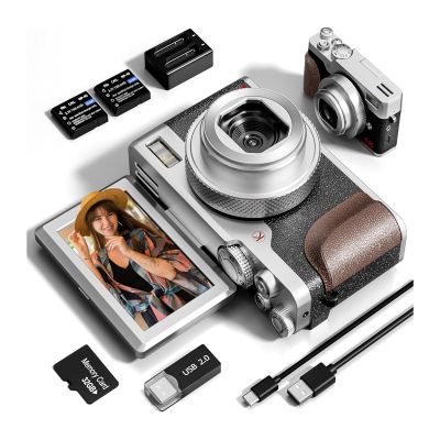 YPMart() Digital Camera 56MP Cameras for Photography 4K 180Flip Screen with 16X Zoom Compact(K100 - Silvery)