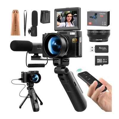 YPMart() 4k Digital Cameras for Photography48MP Video Camera for Vlogger Kit-Microphone & Remote Control Tripod Grip