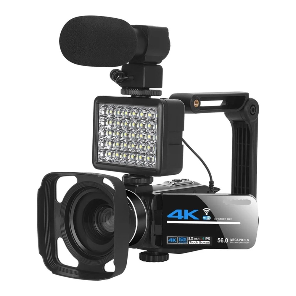 YPMart() 4K Digital Video Camera 18X Zoom 56MP 2 In1 Photo Travel Vlogging Camcorder 3" Rotatable Screen HD DV(AF2-hod-lig-mic-st)