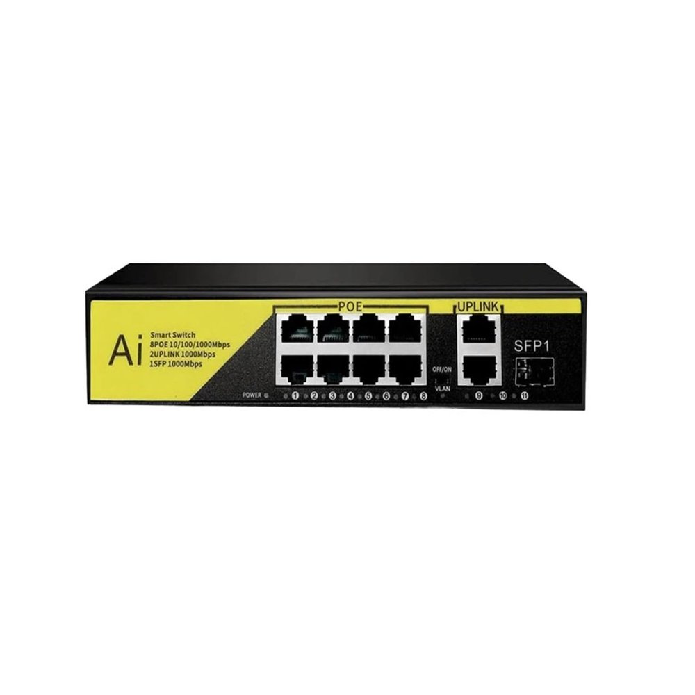 10-Port POE Switch Gigabit Network Switch POE VLAN with SFP 10/100/1000Mbps(8 POE 1 SFP Yellow)