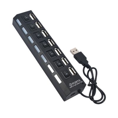 4/7 Ports USB 2.0 Hub Power Adapter Splitter Switch Docking Station LDE Light for PC Computer Laptop Notebook(7 Ports)