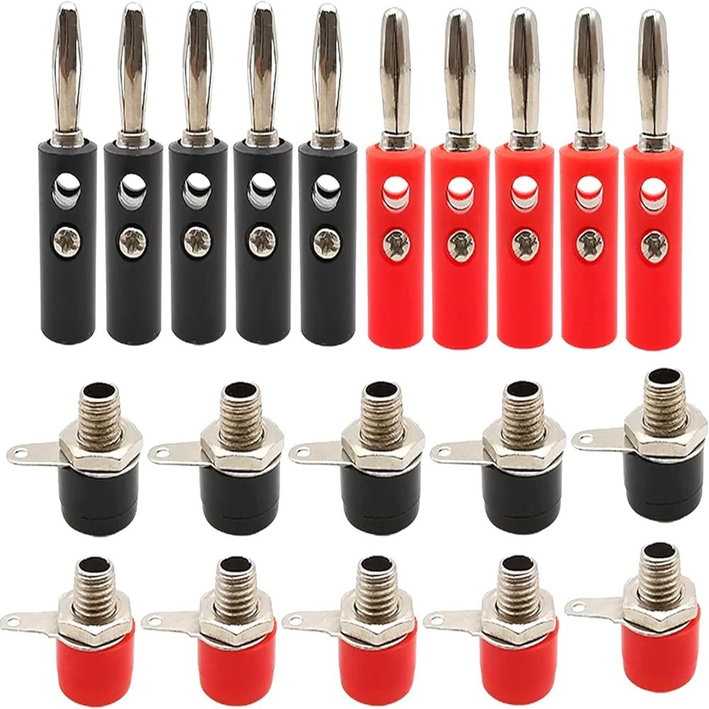 10Pair Silver 4mm Banana Plug Male and Female 4mm Banana Plug Panel Mount Banana Plug Clamp Plug Adapter Red Black