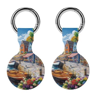 Colorful Coastal Town Protective Case Compatible for Airtag Silicone Tracker Holder Cover with Keychain 2PCS