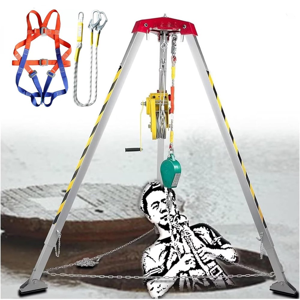 Adjustable Confined Space Tripod Kit with Winch, Safety Belt & Anti-Dropping Device for Emergency Rescue in High Places, Cliffs, Wells, Underground Pipes & Tunnels (2600LBS Capacity)