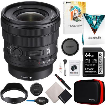 Sony SELP1635G FE PZ 16-35mm F4 G Full Frame Wide Angle Power Zoom E-Mount Lens Bundle with Lexar 64GB SDXC Card, Deco Photo All-in-One Cleaning Kit and Corel Photo Video Suite (Digital Download)